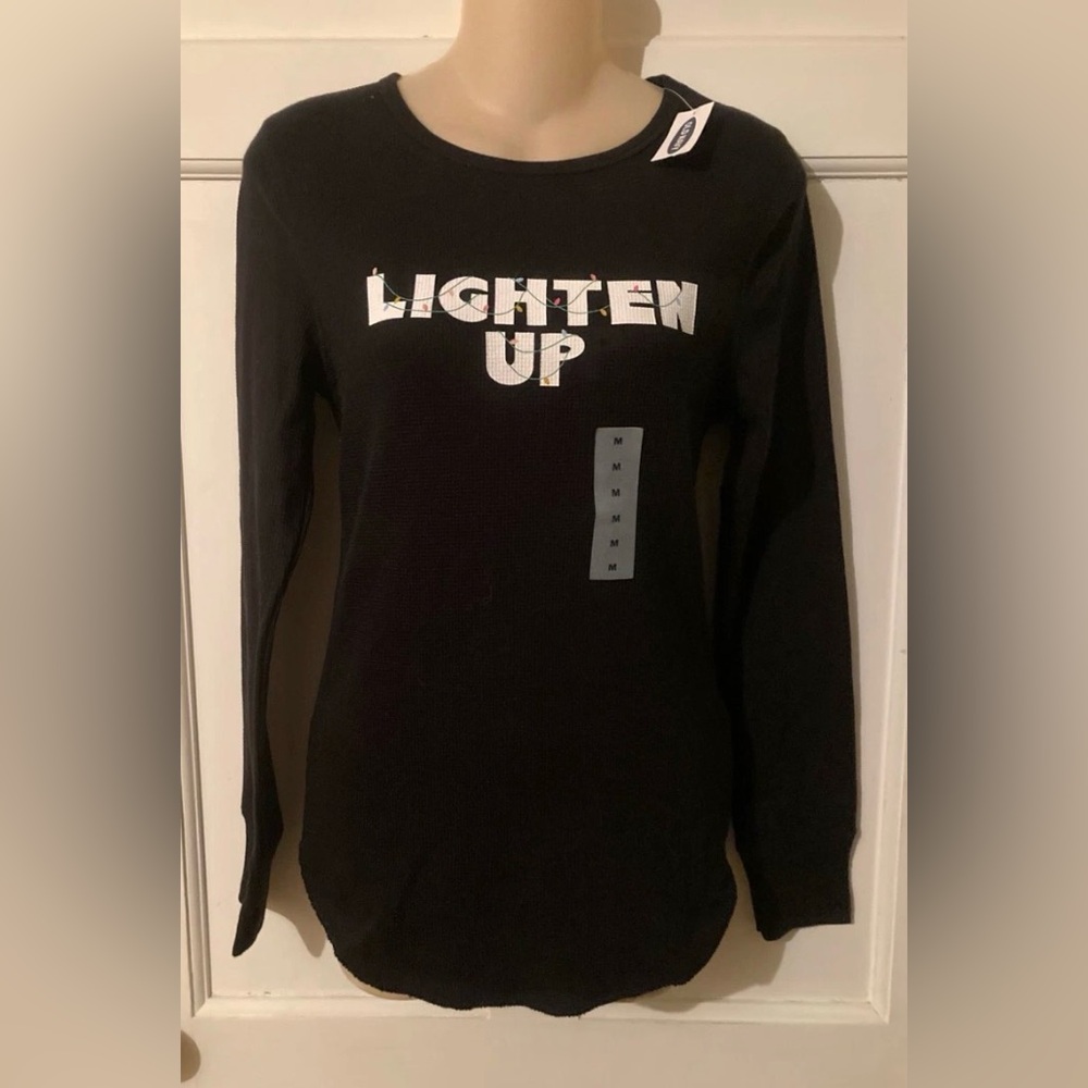 EUC Old Navy Black Long-Sleeve Top with White "LIGHTEN UP" Graphic